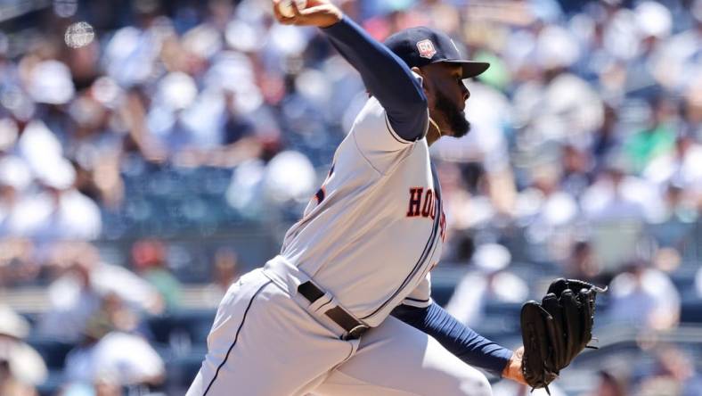 Jun 25, 2022; Bronx, New York, USA; Houston Astros relief pitcher Cristian Javier (53) throws a pitch against the New York Yankees at Yankee Stadium. at Yankee Stadium. Mandatory Credit: Jessica Alcheh-USA TODAY Sports