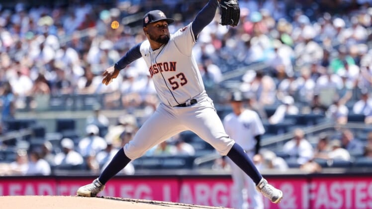 Jun 25, 2022; Bronx, New York, USA; Houston Astros relief pitcher Cristian Javier (53) throws a pitch against the New York Yankees at Yankee Stadium. Mandatory Credit: Jessica Alcheh-USA TODAY Sports