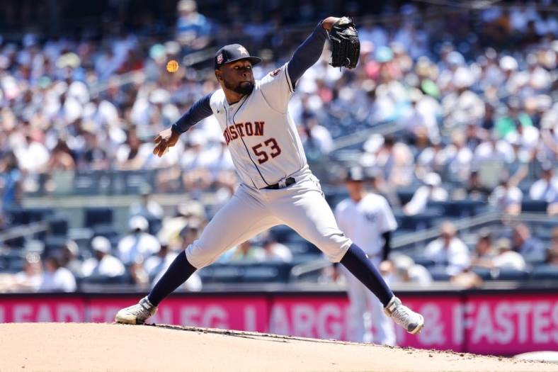 Jun 25, 2022; Bronx, New York, USA; Houston Astros relief pitcher Cristian Javier (53) throws a pitch against the New York Yankees at Yankee Stadium. Mandatory Credit: Jessica Alcheh-USA TODAY Sports