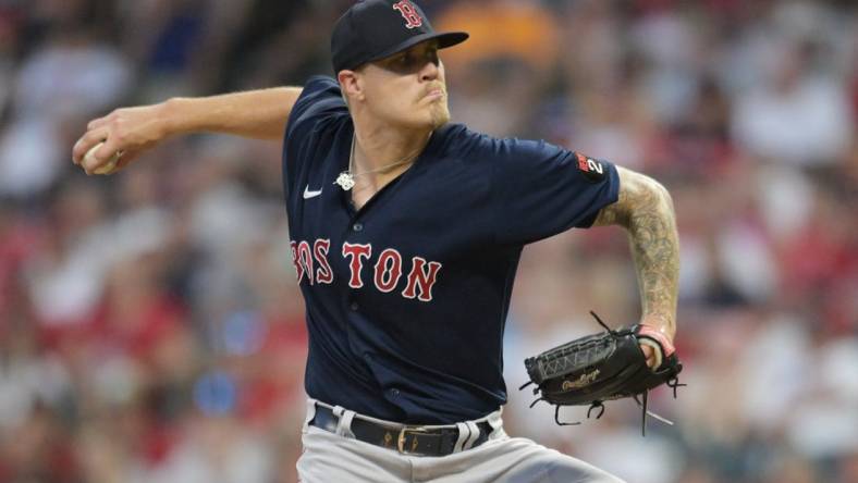 Jun 25, 2022; Cleveland, Ohio, USA; Boston Red Sox starting pitcher Tanner Houck (89) throws a pitch during the ninth inning against the Cleveland Guardians at Progressive Field. Mandatory Credit: Ken Blaze-USA TODAY Sports