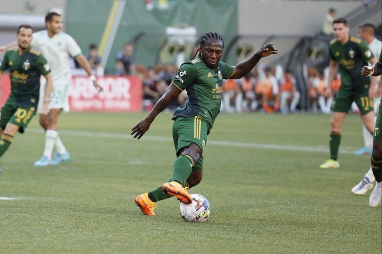 Jun 25, 2022; Portland, Oregon, USA; Portland Timbers midfielder Yimmi Chara (23) controls the ball during the first half against the Colorado Rapids at Providence Park. Mandatory Credit: Soobum Im-USA TODAY Sports