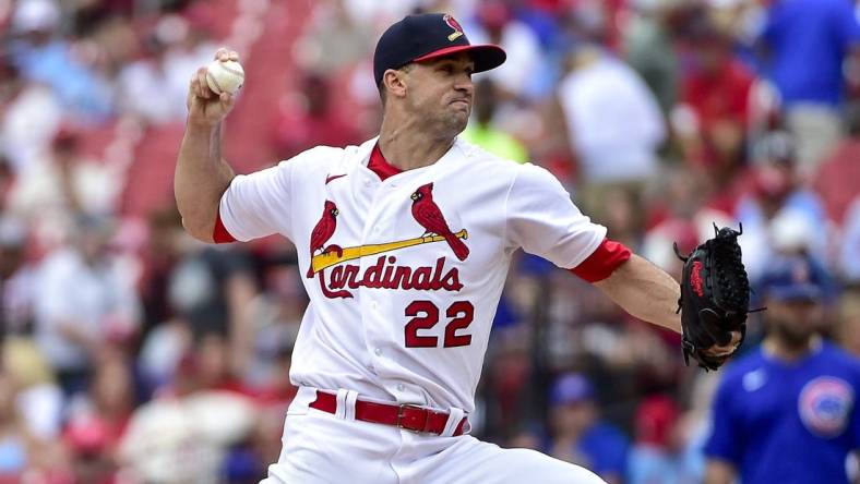 Jun 26, 2022; St. Louis, Missouri, USA;  St. Louis Cardinals starting pitcher Jack Flaherty (22) pitches against the Chicago Cubs during the first inning at Busch Stadium. Mandatory Credit: Jeff Curry-USA TODAY Sports