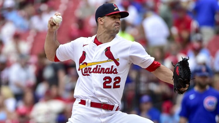 Jun 26, 2022; St. Louis, Missouri, USA;  St. Louis Cardinals starting pitcher Jack Flaherty (22) pitches against the Chicago Cubs during the first inning at Busch Stadium. Mandatory Credit: Jeff Curry-USA TODAY Sports