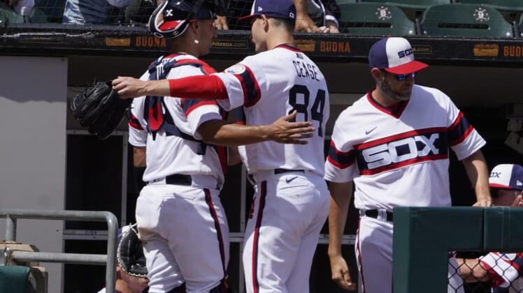 Jun 26, 2022; Chicago, Illinois, USA; Chicago White Sox starting pitcher Dylan Cease (84) is greeted by catcher Seby Zavala (44) after the end of the seventh inning at Guaranteed Rate Field. Mandatory Credit: David Banks-USA TODAY Sports