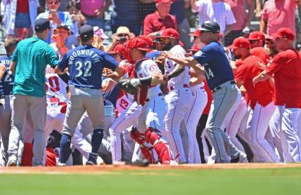 Jun 26, 2022; Anaheim, California, USA;  The Los Angeles Angels and Seattle Mariners cleared the benched during a brawl in the second inning at Angel Stadium. Mandatory Credit: Jayne Kamin-Oncea-USA TODAY Sports