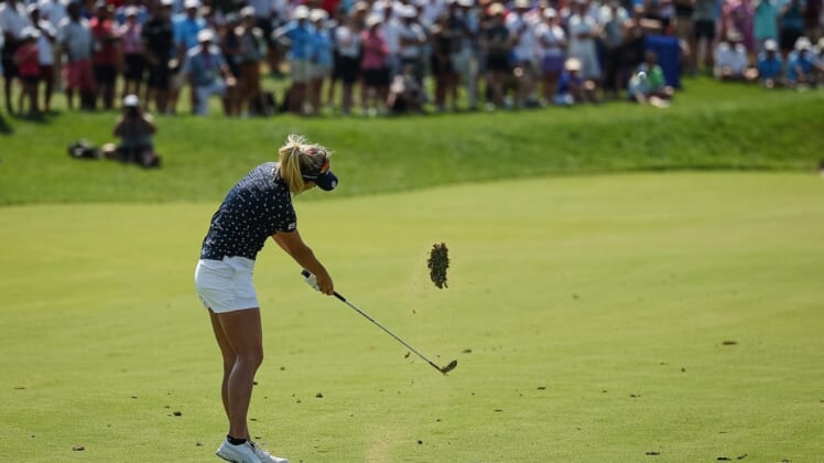 Jun 26, 2022; Bethesda, Maryland, USA; Lexi Thompson plays her shot on the 17th hole during the final round of the KPMG Women's PGA Championship golf tournament at Congressional Country Club. Mandatory Credit: Scott Taetsch-USA TODAY Sports