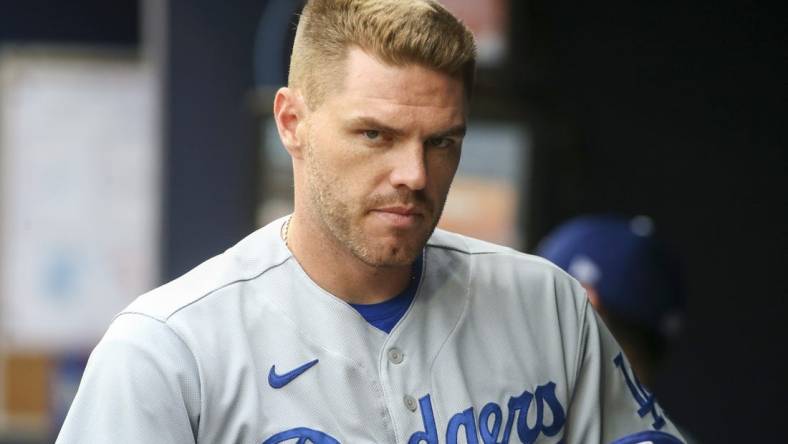 Jun 26, 2022; Atlanta, Georgia, USA; Los Angeles Dodgers first baseman Freddie Freeman (5) in the dugout before a game against the Atlanta Braves at Truist Park. Mandatory Credit: Brett Davis-USA TODAY Sports