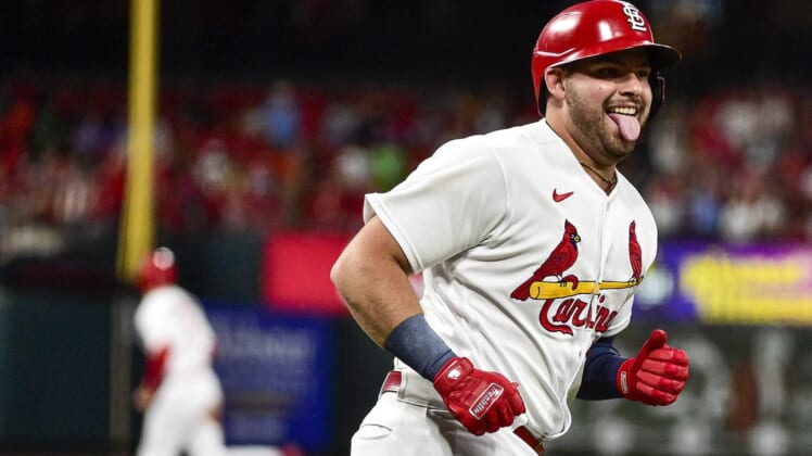 Jun 27, 2022; St. Louis, Missouri, USA;  St. Louis Cardinals designated hitter Juan Yepez (36) reacts after hitting his second home run of the game a two run homer against the Miami Marlins during the sixth inning at Busch Stadium. Mandatory Credit: Jeff Curry-USA TODAY Sports