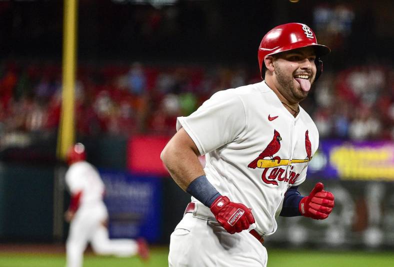 Jun 27, 2022; St. Louis, Missouri, USA;  St. Louis Cardinals designated hitter Juan Yepez (36) reacts after hitting his second home run of the game a two run homer against the Miami Marlins during the sixth inning at Busch Stadium. Mandatory Credit: Jeff Curry-USA TODAY Sports