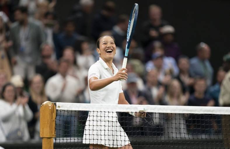 Jun 28, 2022; London, United Kingdom; Harmony Tan (FRA) celebrates winning her first round match against Serena Williams on day two at All England Lawn Tennis and Croquet Club. Mandatory Credit: Susan Mullane-USA TODAY Sports