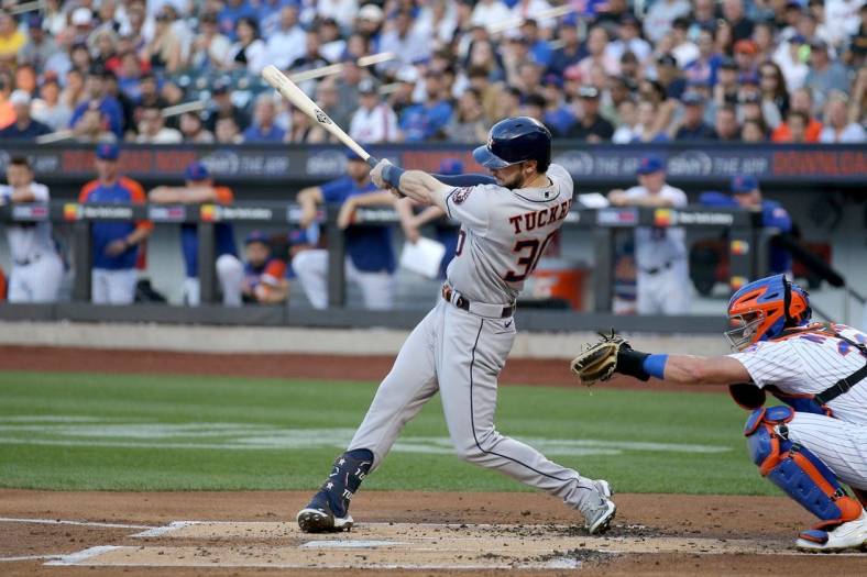 Jun 28, 2022; New York City, New York, USA; Houston Astros right fielder Kyle Tucker (30) follows through on a three run home run against the New York Mets during the first inning at Citi Field. Mandatory Credit: Brad Penner-USA TODAY Sports