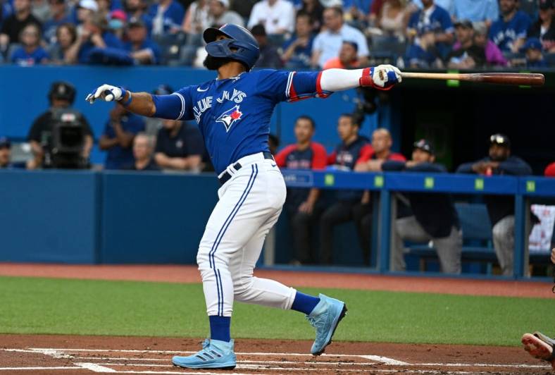 Jun 28, 2022; Toronto, Ontario, CAN;  Toronto Blue Jays right fielder Teoscar Hernandez (37) hits an RBI double against the Boston Red Sox in the first inning at Rogers Centre. Mandatory Credit: Dan Hamilton-USA TODAY Sports