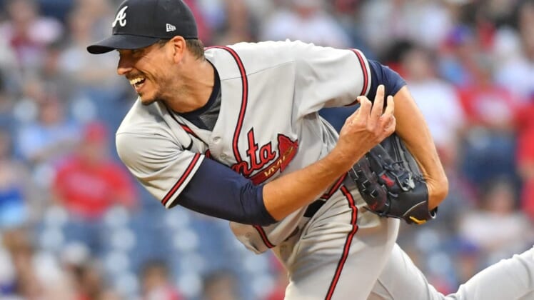 Jun 28, 2022; Philadelphia, Pennsylvania, USA; Atlanta Braves starting pitcher Charlie Morton (50) follows through on a pitch during the second inning against the Philadelphia Phillies at Citizens Bank Park. Mandatory Credit: Eric Hartline-USA TODAY Sports