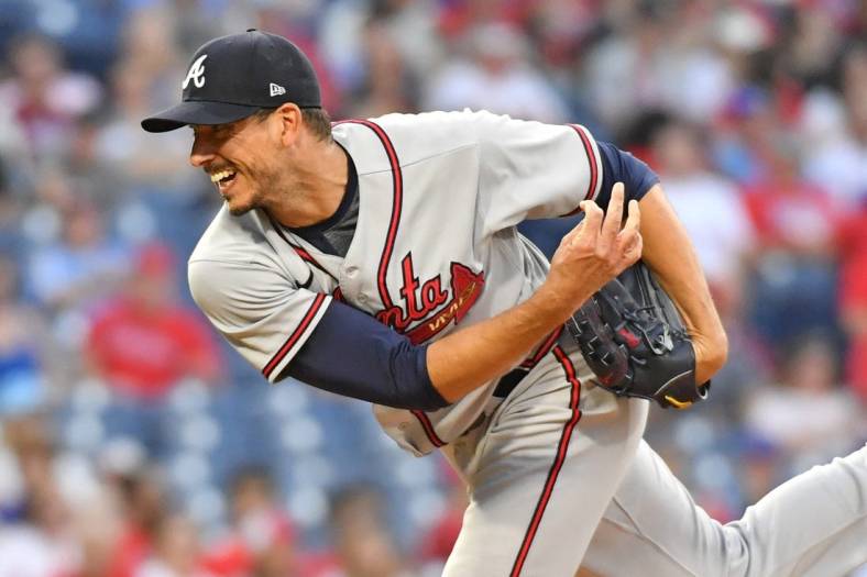 Jun 28, 2022; Philadelphia, Pennsylvania, USA; Atlanta Braves starting pitcher Charlie Morton (50) follows through on a pitch during the second inning against the Philadelphia Phillies at Citizens Bank Park. Mandatory Credit: Eric Hartline-USA TODAY Sports