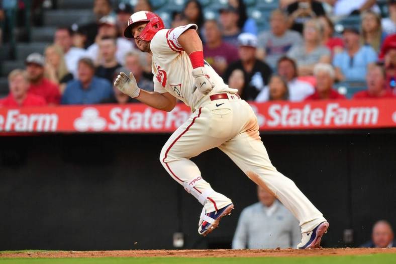 June 28, 2022; Anaheim, California, USA; Los Angeles Angels center fielder Mike Trout (27) runs after hitting a solo home run against the Chicago White Sox during the third inning at Angel Stadium. Mandatory Credit: Gary A. Vasquez-USA TODAY Sports