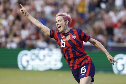 Jun 28, 2022; Sandy, Utah, USA; USA forward Megan Rapinoe (15) reacts after a first half goal against the Columbia during an international friendly soccer matc at Rio Tinto Stadium. Mandatory Credit: Jeffrey Swinger-USA TODAY Sports