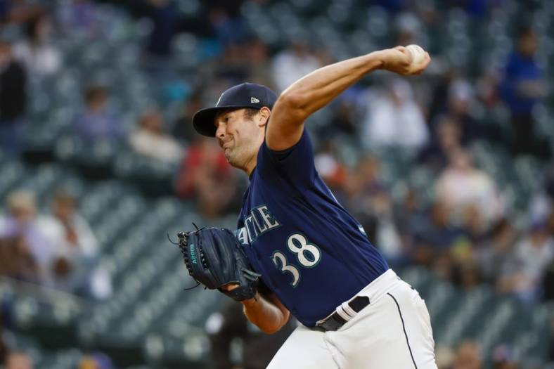 Jun 28, 2022; Seattle, Washington, USA; Seattle Mariners starting pitcher Robbie Ray (38) throws against the Baltimore Orioles during the third inning at T-Mobile Park. Mandatory Credit: Joe Nicholson-USA TODAY Sports