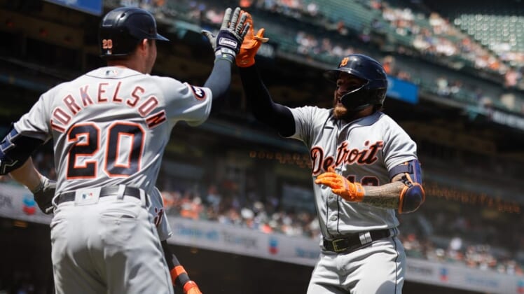 Jun 29, 2022; San Francisco, California, USA; Detroit Tigers catcher Eric Haase (13) is congratulated by first baseman Spencer Torkelson (20) after hitting a two run home run during the sixth inning against the San Francisco Giants at Oracle Park. Mandatory Credit: Sergio Estrada-USA TODAY Sports