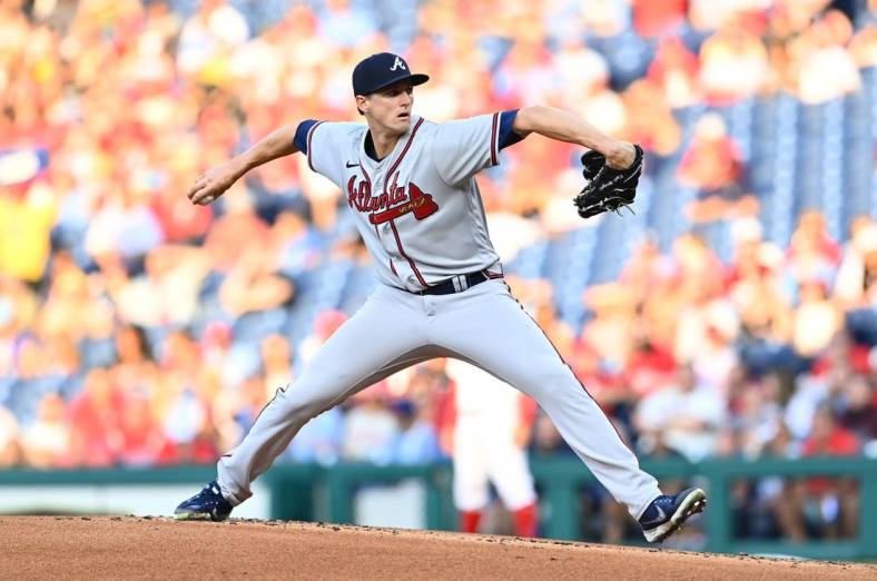 Jun 29, 2022; Philadelphia, Pennsylvania, USA; Atlanta Braves pitcher Kyle Wright (30) throws a pitch against the Philadelphia Phillies in the first inning at Citizens Bank Park. Mandatory Credit: Kyle Ross-USA TODAY Sports