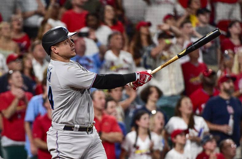 Jun 29, 2022; St. Louis, Missouri, USA;  Miami Marlins right fielder Avisail Garcia (24) hits a go ahead two run home run against the St. Louis Cardinals during the ninth inning at Busch Stadium. Mandatory Credit: Jeff Curry-USA TODAY Sports