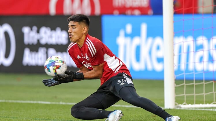 Jun 30, 2022; Harrison, New Jersey, USA; Atlanta United goalkeeper Rocco Rios Novo (34) during warm ups before the game against the New York Red Bulls at Red Bull Arena. Mandatory Credit: Vincent Carchietta-USA TODAY Sports