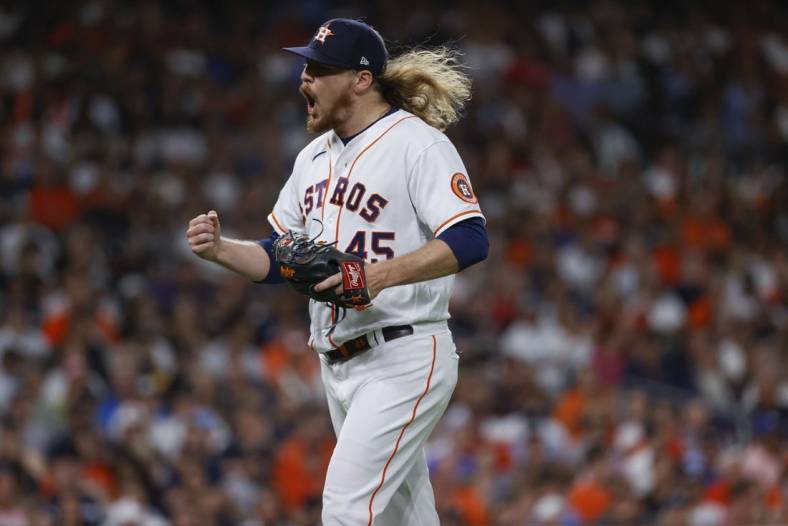 Jun 30, 2022; Houston, Texas, USA; Houston Astros relief pitcher Ryne Stanek (45) reacts after an out during the sixth inning against the New York Yankees at Minute Maid Park. Mandatory Credit: Troy Taormina-USA TODAY Sports