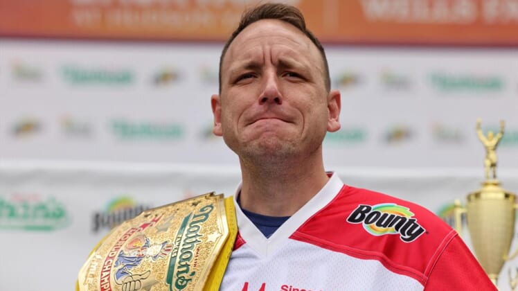 Nathan's Famous Fourth of July International Hot Dog-Eating Contest contestant Joey Chestnut poses at the official weigh-in ceremony in the Manhattan borough of New York City, New York, U.S., July 2, 2021. REUTERS/Angus Mordant