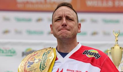 Nathan's Famous Fourth of July International Hot Dog-Eating Contest contestant Joey Chestnut poses at the official weigh-in ceremony in the Manhattan borough of New York City, New York, U.S., July 2, 2021. REUTERS/Angus Mordant