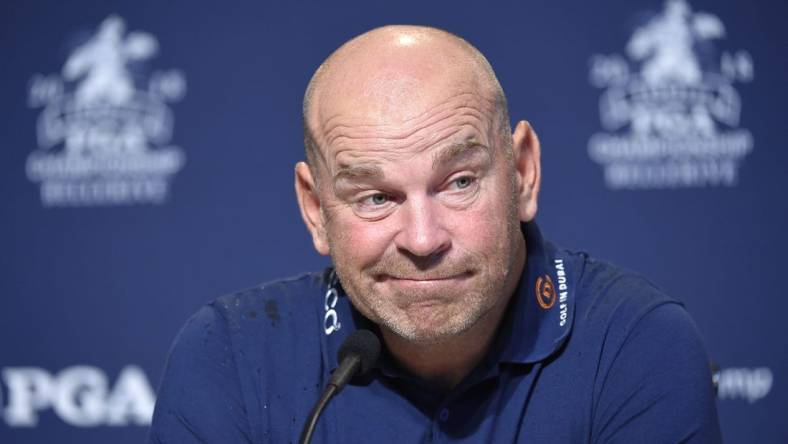 Aug 7, 2018; St. Louis, MO, USA; Thomas Bjorn captain for the 2018 European Ryder Cup addresses the media during a press conference before Tuesdays practice round of the PGA Championship golf tournament at Bellerive Country Club. Mandatory Credit: John David Mercer-USA TODAY Sports