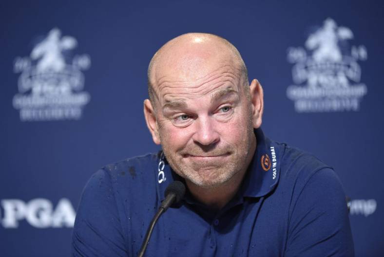 Aug 7, 2018; St. Louis, MO, USA; Thomas Bjorn captain for the 2018 European Ryder Cup addresses the media during a press conference before Tuesdays practice round of the PGA Championship golf tournament at Bellerive Country Club. Mandatory Credit: John David Mercer-USA TODAY Sports