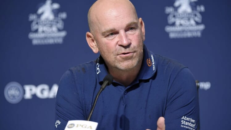 Aug 7, 2018; St. Louis, MO, USA; Thomas Bjorn captain for the 2018 European Ryder Cup addresses the media during a press conference before Tuesdays practice round of the PGA Championship golf tournament at Bellerive Country Club. Mandatory Credit: John David Mercer-USA TODAY Sports