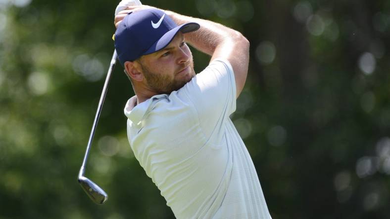 Aug 10, 2018; Saint Louis, MO, USA; Jordan Smith hits his tee shot on the 2nd hole during the second round of the PGA Championship golf tournament at Bellerive Country Club. Mandatory Credit: Jeff Curry-USA TODAY Sports