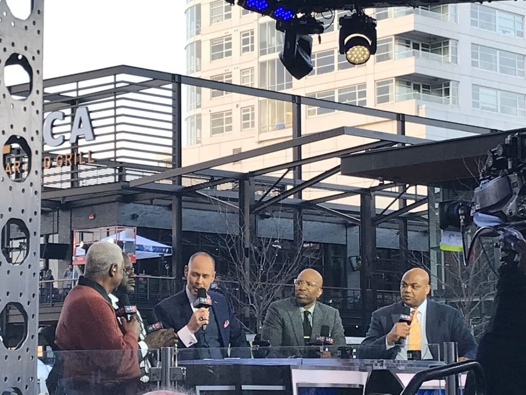 Former Bucks great Oscar Robertson, left, is interviewed on the TNT pregame show Wednesday by, starting with second from left, Shaquille O