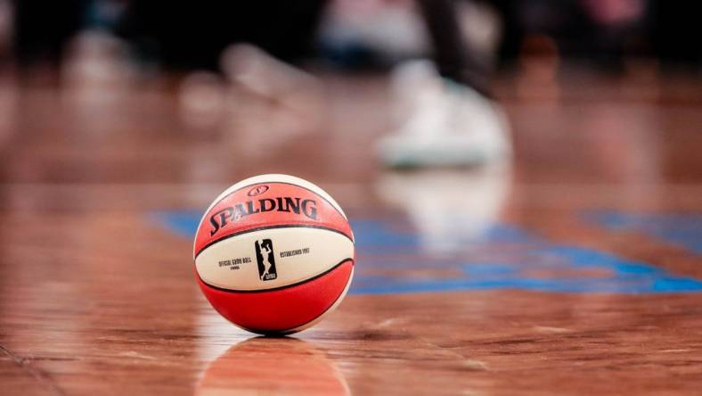 May 9, 2019; New York City, NY, USA; A general view of the game ball during the preseason WNBA game between the New York Liberty and the China National Team at Barclays Center.  Mandatory Credit: Vincent Carchietta-USA TODAY Sports