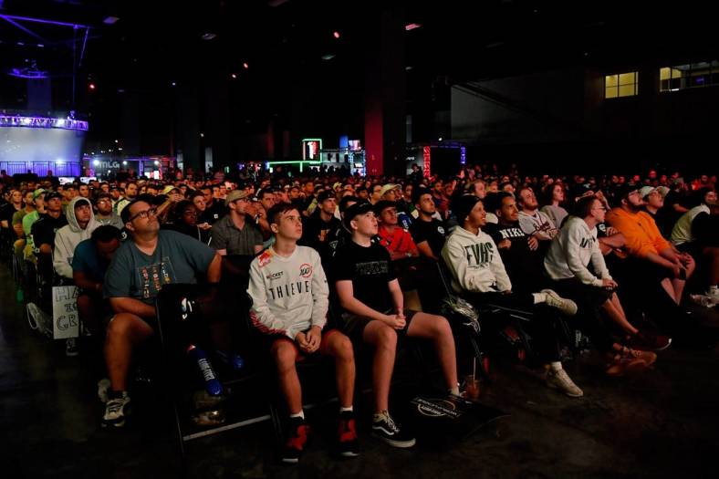 Jul 21, 2019; Miami Beach, FL, USA; Fans watch the gameplay between Reciprocity and GEN.G during the Call of Duty League Finals e-sports event at Miami Beach Convention Center. Mandatory Credit: Jasen Vinlove-USA TODAY Sports