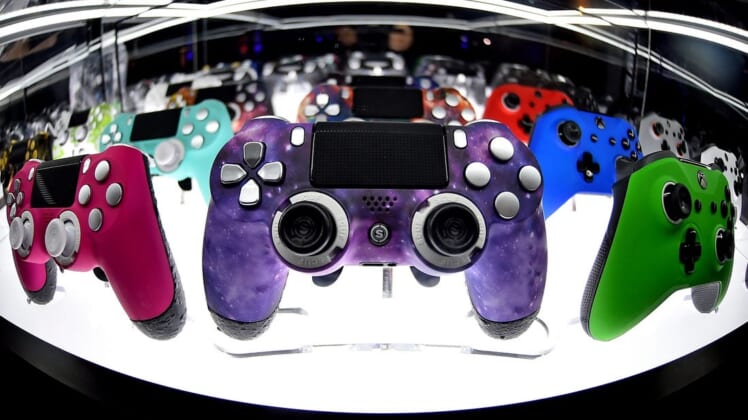 Jul 21, 2019; Miami Beach, FL, USA; A general view of gaming controllers on display during the Call of Duty League Finals e-sports event at Miami Beach Convention Center. Mandatory Credit: Jasen Vinlove-USA TODAY Sports