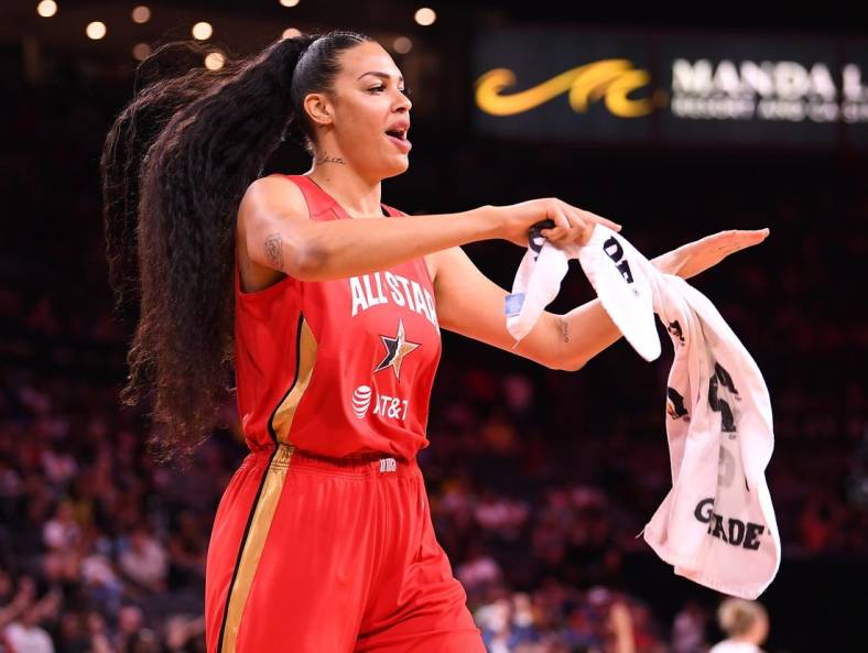 Jul 27, 2019; Las Vegas, NV, USA; Team Wilson forward Liz Cambage celebrates after Team Wilson defeated Team Delle Donne in the WNBA All Star Game at Mandalay Bay Events Center. Mandatory Credit: Stephen R. Sylvanie-USA TODAY Sports