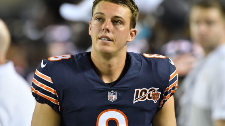 Aug 8, 2019; Chicago, IL, USA; Chicago Bears kicker Elliott Fry (8) watches from the bench in the third quarter against the Carolina Panthers at Soldier Field. Mandatory Credit: Matt Cashore-USA TODAY Sports