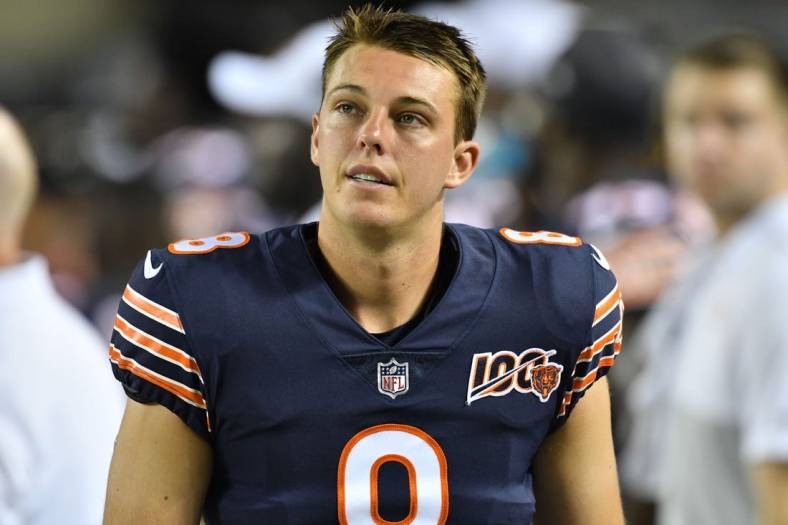 Aug 8, 2019; Chicago, IL, USA; Chicago Bears kicker Elliott Fry (8) watches from the bench in the third quarter against the Carolina Panthers at Soldier Field. Mandatory Credit: Matt Cashore-USA TODAY Sports