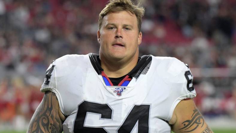 Aug 15, 2019; Glendale, AZ, USA; Oakland Raiders center Richie Incognito (64) during an NFL football game against the Arizona Cardinals. The Raiders defeated the Cardinals 33-26. Mandatory Credit: Kirby Lee-USA TODAY Sports