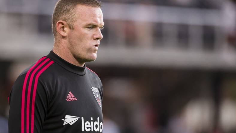 Aug 21, 2019; Washington, D.C., USA; D.C. United forward Wayne Rooney (9) looks on before a game against the New York Red Bulls at Audi Field. Mandatory Credit: Scott Taetsch-USA TODAY Sports