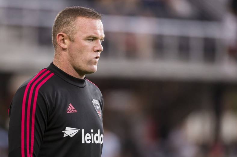 Aug 21, 2019; Washington, D.C., USA; D.C. United forward Wayne Rooney (9) looks on before a game against the New York Red Bulls at Audi Field. Mandatory Credit: Scott Taetsch-USA TODAY Sports