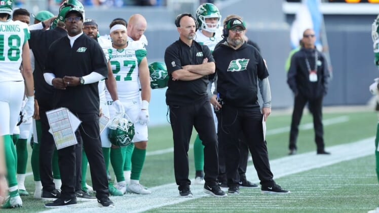 Sep 7, 2019; Winnipeg, Manitoba, CAN; Saskatchewan Roughriders head coach Craig Dickenson reacts to the play during the second half of the Canadian Football League game against the Winnipeg Blue Bombers at Investors Group Field. Winnipeg Blue Bombers win 35-10. Mandatory Credit: Bruce Fedyck-USA TODAY Sports