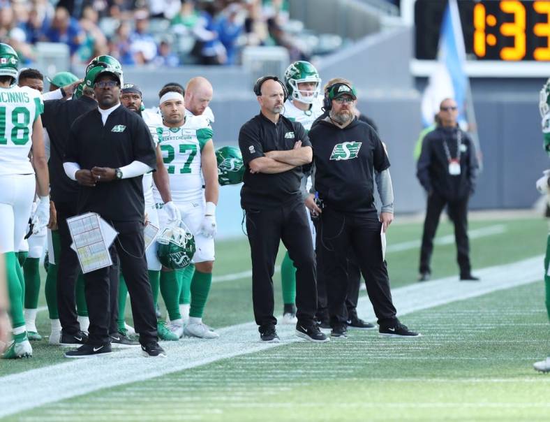 Sep 7, 2019; Winnipeg, Manitoba, CAN; Saskatchewan Roughriders head coach Craig Dickenson reacts to the play during the second half of the Canadian Football League game against the Winnipeg Blue Bombers at Investors Group Field. Winnipeg Blue Bombers win 35-10. Mandatory Credit: Bruce Fedyck-USA TODAY Sports