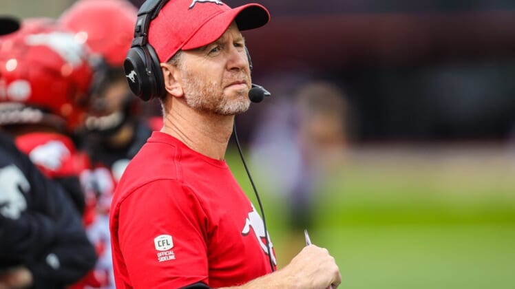 Sep 14, 2019; Calgary, Alberta, CAN; Calgary Stampeders head coach Dave Dickenson looks on from the sideline against the Hamilton Tiger-Cats in the first half during a Canadian Football League game at McMahon Stadium. Mandatory Credit: Sergei Belski-USA TODAY Sports