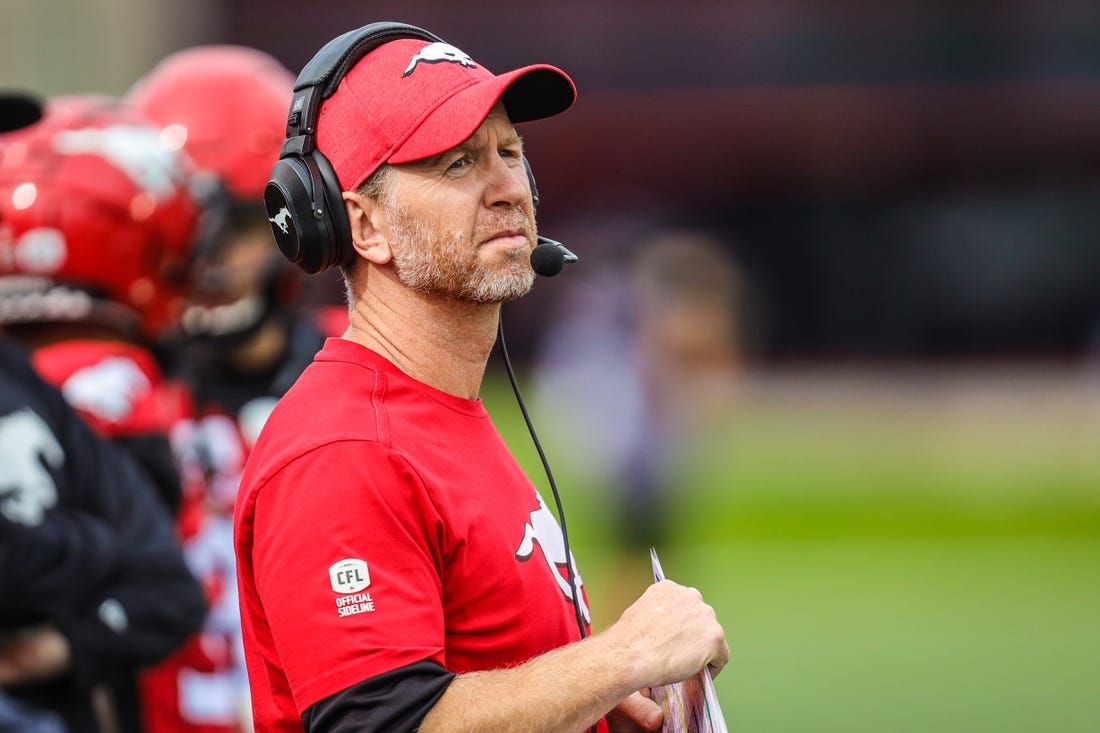 Sep 14, 2019; Calgary, Alberta, CAN; Calgary Stampeders head coach Dave Dickenson looks on from the sideline against the Hamilton Tiger-Cats in the first half during a Canadian Football League game at McMahon Stadium. Mandatory Credit: Sergei Belski-USA TODAY Sports