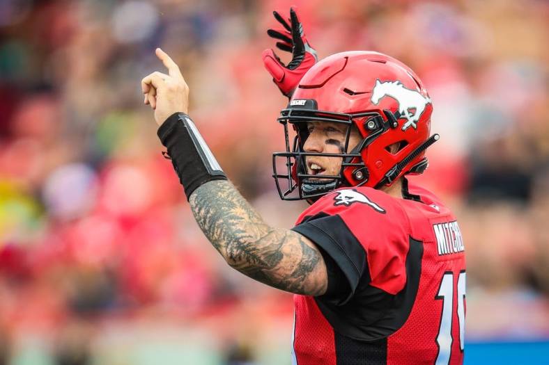 Sep 14, 2019; Calgary, Alberta, CAN; Calgary Stampeders quarterback Bo Levi Mitchell (19) reacts against the Hamilton Tiger-Cats in the first half during a Canadian Football League game at McMahon Stadium. Mandatory Credit: Sergei Belski-USA TODAY Sports