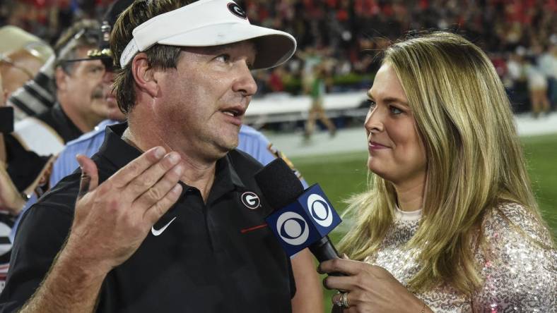 Sep 21, 2019; Athens, GA, USA; Georgia Bulldogs head coach Kirby Smart is interviewed by CBS sports reporter Jamie Erdahl after defeating the Notre Dame Fighting Irish at Sanford Stadium. Mandatory Credit: Dale Zanine-USA TODAY Sports