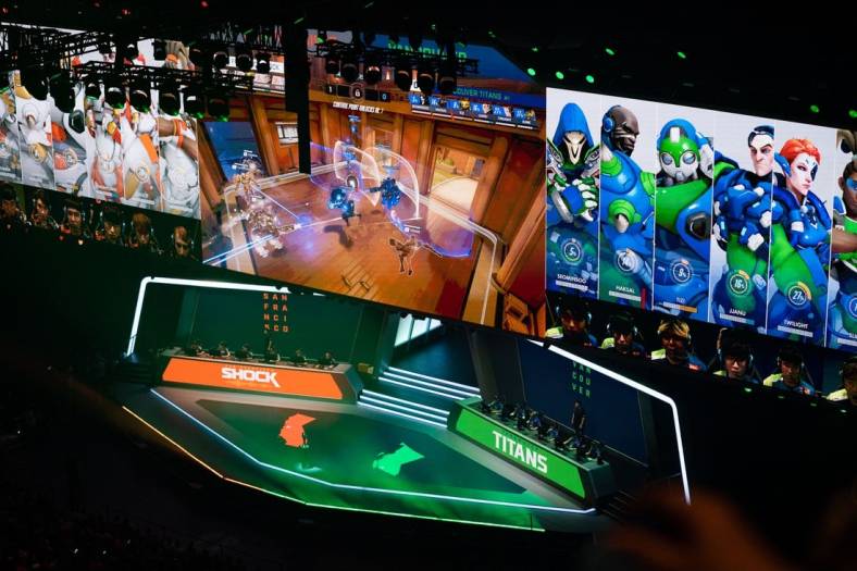Sep 29, 2019; Philadelphia, PA, USA; General view of game play during the Overwatch League Grand Finals e-sports event between the Vancouver Titans and San Francisco Shock at Wells Fargo Center. Mandatory Credit: Bill Streicher-USA TODAY Sports