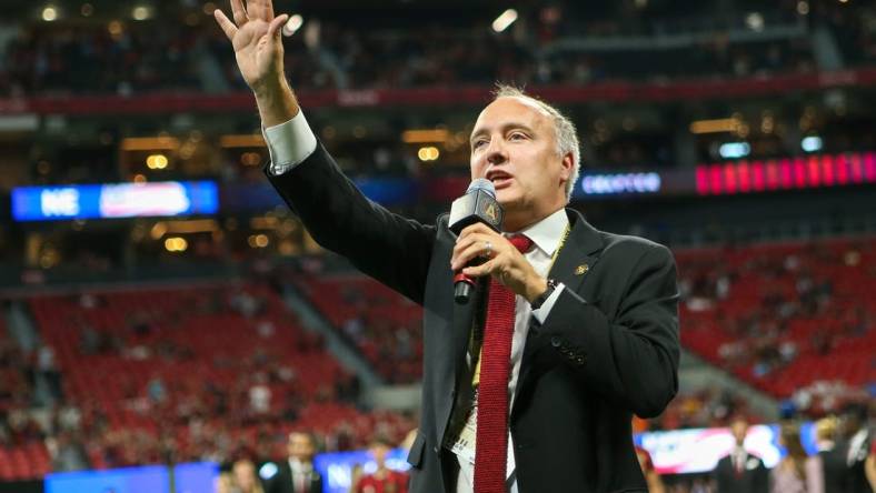 Oct 6, 2019; Atlanta, GA, USA; Atlanta United president Darren Eales addresses the crowd after a victory against the New England Revolution at Mercedes-Benz Stadium. Mandatory Credit: Brett Davis-USA TODAY Sports